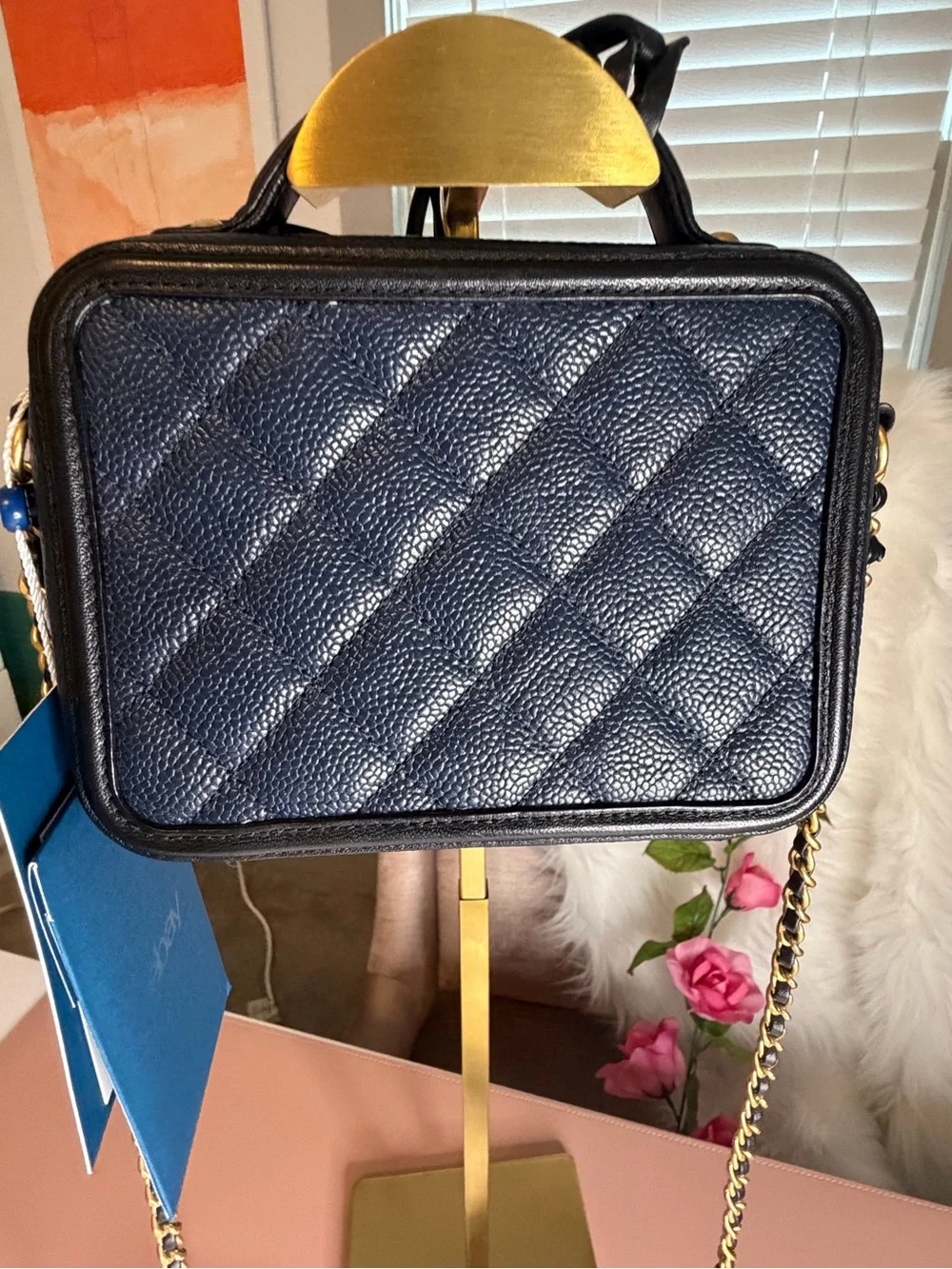 Chanel CC Filigree Small Vanity Case Navy & Black Caviar Leather Crossbody w/COA